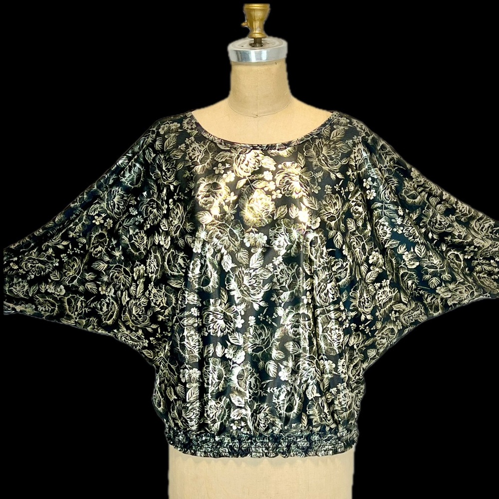 VINTAGE 80s metallic‎ shiny gold dolman batwing sleeve top shirt floral formal